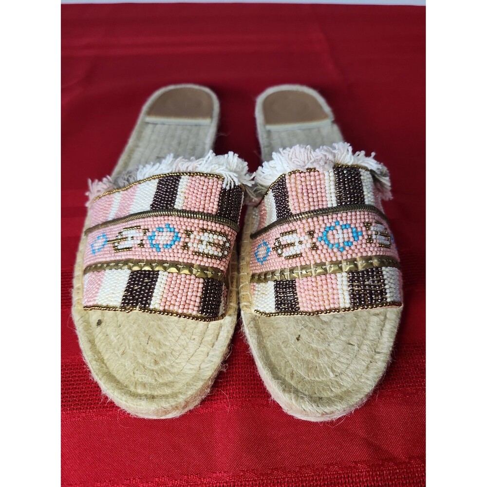 Z&L Boho Beaded Slides Pink White Fringed Mule Espadrille Sandals Size 38 US 7.5
